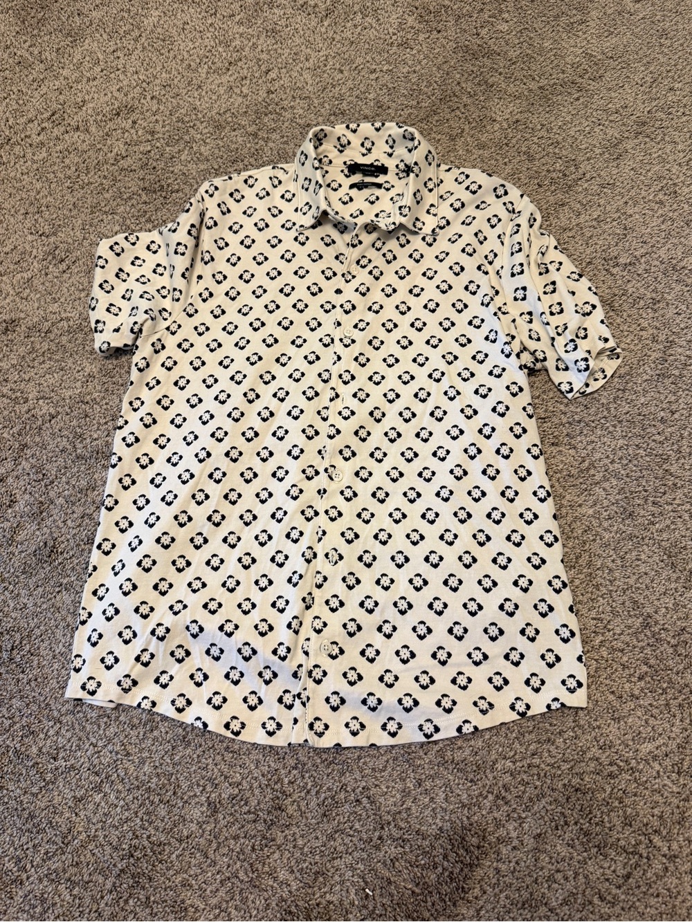 Vince White Short-Sleeve Button-Down with Black Geometric Motif